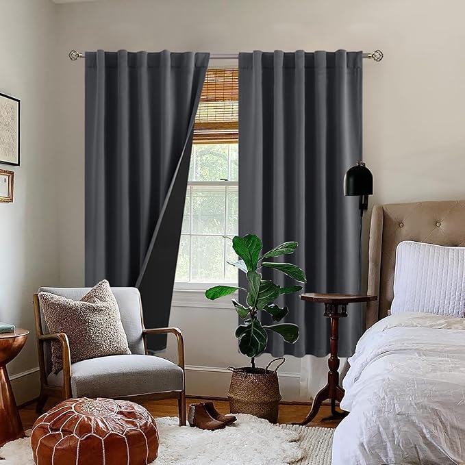 BGment 100% Grey Blackout Curtains 72 Inches Long for Bedroom, Double Layer Room Darkening Thermal Insulated Curtains with Liner Rod Pocket and Back Tab Panels(42 x 72 Inch, 2 Panels, Dark Grey)