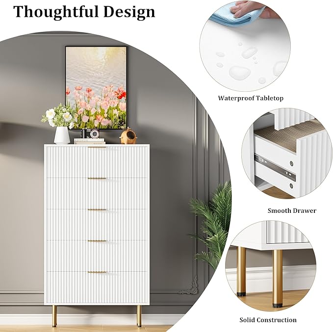 Fluted Wood Dresser 5 Drawers Dresser for Bedroom, Modern White Tall Dressers with Gold Handle, Wood Drawer Organizer for Bedroom, Living Room, Hallway, Entryway