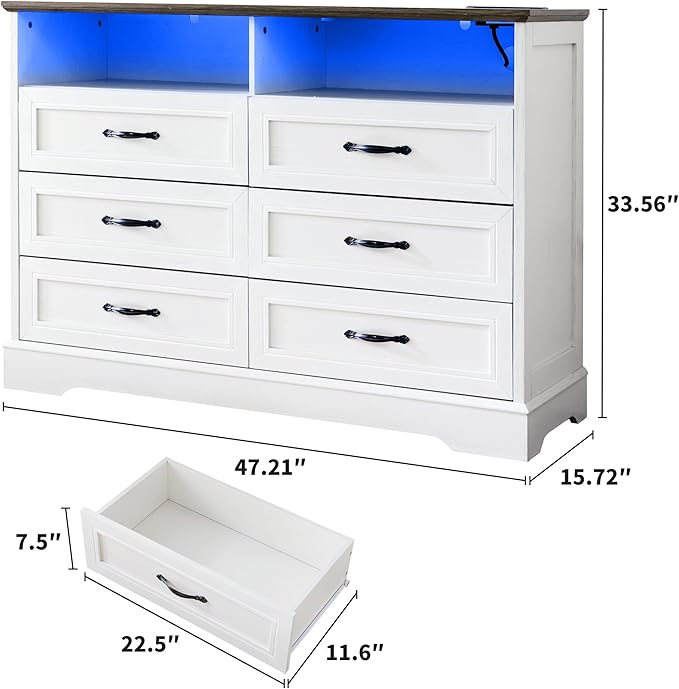 Vintage White Dresser for Bedroom,6 Drawers Dresser with LED Light,Power Outlets and Open Shelves,Chests of Drawers for 65 inch TV, for Hallway, Entryway
