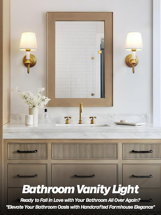 Vintage Fabric Wall Sconce Light with Curved Arm, Rustic Linen Cloth Wall Light Fixtures, Hardwired Brass Wall Mounted Lamp for Bathroom Vanity Bedroom Living Room