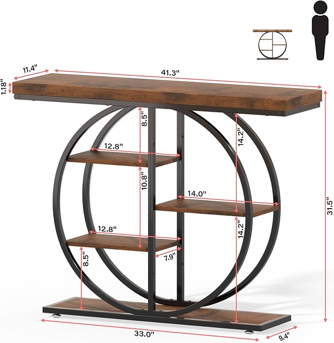 41.3" Console Table for Entryway, Industrial Hallway Sofa Table with Storage Shelves, Narrow Accent Decor Living Room Furniture with Circle Base for Foyer, Entrance, Rustic Brown