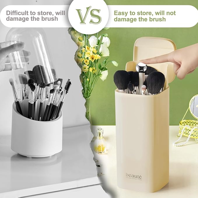 DASITON Makeup Brush Holder with Lid,4 Slots Makeup Brush Organizer,Automatic Lifting Makeup Cosmetics Organizer,for Vanity Decor,Bathroom Countertop,Dustproof Cosmetic Brushes Container(Cream)