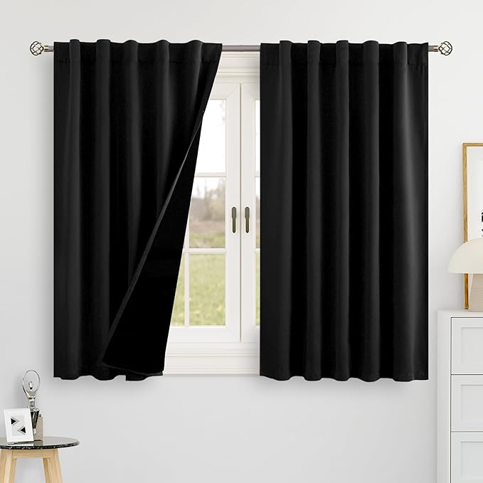 BGment Halloween Black 100% Blackout 48 Inch Curtains for Small Window, Rod Pocket and Back Tab Double Layer Black Out Thermal Insulated Room Darkening Curtain for Kitchen, 2 Panels, Each 42 x 48 Inch