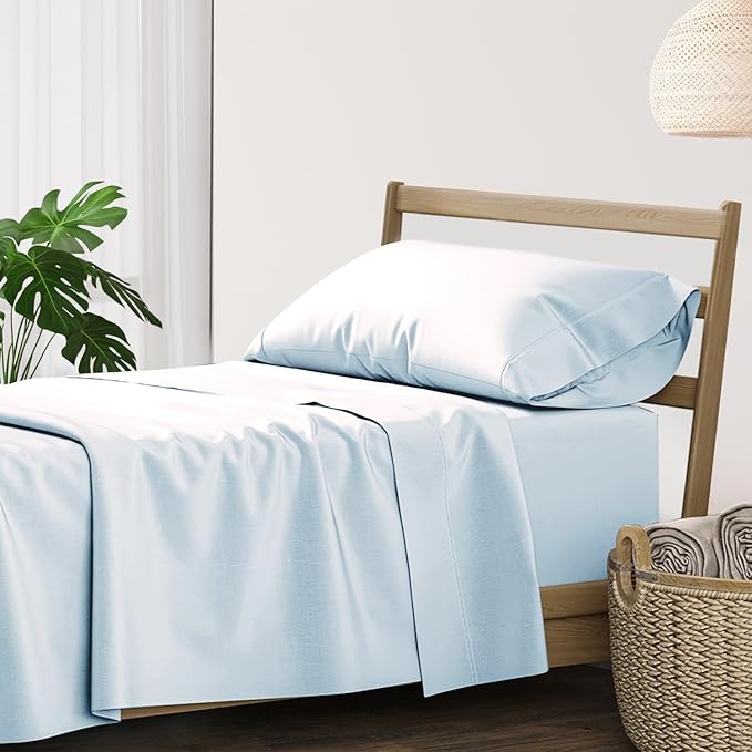 XOOX Linen 100% Cotton Twin Sheets Set - 500 Thread Count Cotton Sheets Twin Size, Soft, Sateen Weave, Cooling Deep Pocket Bed Sheet for Dorm Room, Luxury Hotel Quality Bedding (3 PC, Light Blue)