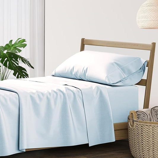 XOOX Linen 100% Cotton Twin Sheets Set - 500 Thread Count Cotton Sheets Twin Size, Soft, Sateen Weave, Cooling Deep Pocket Bed Sheet for Dorm Room, Luxury Hotel Quality Bedding (3 PC, Light Blue)