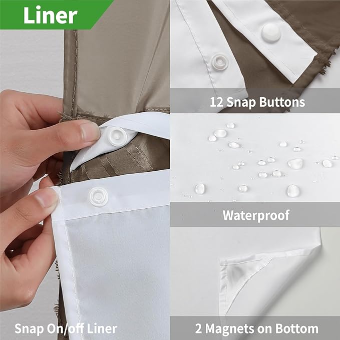 no Hook Shower Curtain and Liner Set，Boho Style with See Through Top Window, Brown Fabric Tufted Striped Textured Outer Curtain & Waterproof Inner Liner, Brown, 71Wx98H