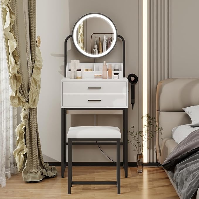 ARTETHYS Small Vanity Desk with Mirror and Lights Compact Makeup Vanity Set with Drawers for Bedroom Mini White Modern Dressing Table with Stool