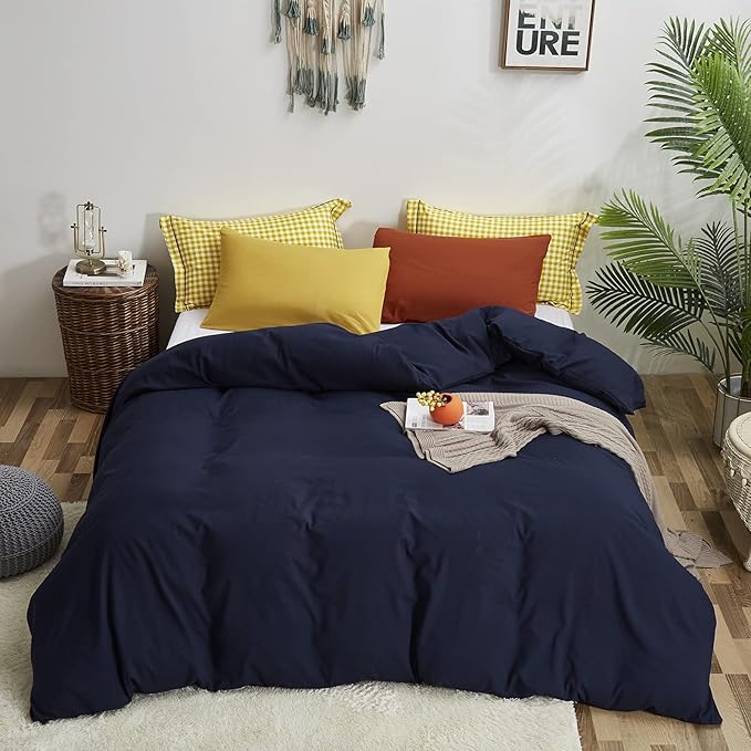 Luxlovery Navy Blue Comforter Set King Dark Blue Bedding Comforter Set Soft Breathable Quilts Breathable Cozy Comforter with 1 Yellow+1 Caramel Pillowcase for King Bed