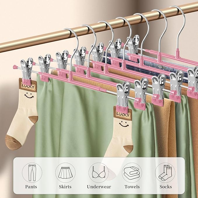 Pants Hangers with Clips 20 Pack Adjustable Skirt Hangers for Women Non-Slip Trousers Hanger for Jeans Clothes Hangers for Pants Heavy Duty Space Saving Shorts Hangers,Pink,14Inch