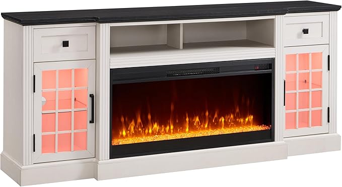 Farmhouse Fireplace TV Stand for 80 Inch TV, Entertainment Center w/ 36'' Electric Fireplace & LED Lights, Mordern Media Console with Storage Drawers & Cabinets for Living Room, White