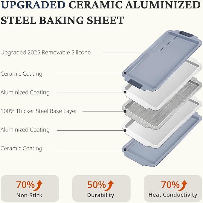 BRONYPRO Non Stick Ceramic Baking Sheet Pan Set of 3, Natural Non Toxic Cookie Sheets for Baking - PFOA, PTFE Free, Aluminized Steel Oven Trays for Cooking with Silicone Handles, Blue Gray