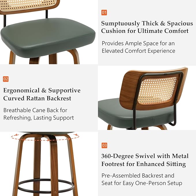 Swivel Counter Height Stools - 26 inch Counter Stools Set of 2 with Curved Rattan Back, Walnut Craftsmanship, Upholstered Seat, Counter Height Bar Stool for Island/Pub/Kitchen (26" Seat Height, Green)