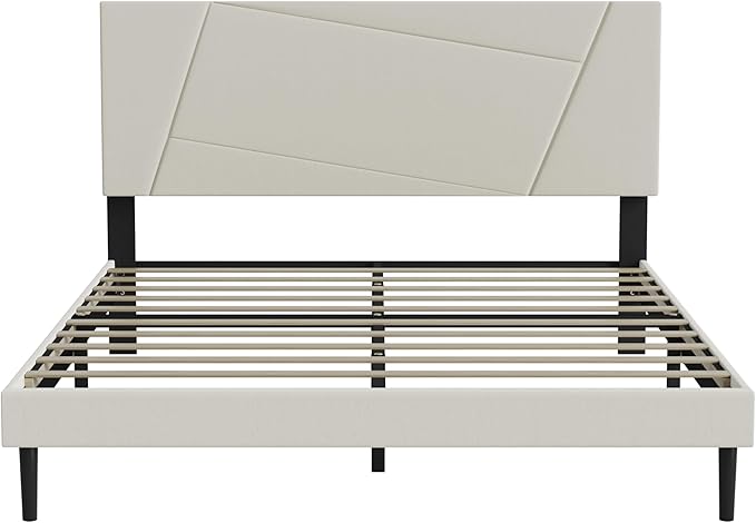 Queen Size Bed Frame, Queen Platform Bed Frame with Velvet Upholstered Headboard, Geometric Pattern, Sturdy Frame and Slats, Noiseless, No Springs Required, Easy to Assemble，Beige