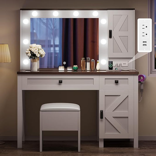 DWVO Farmhouse Vanity Desk with Light and Hollywood Makeup Mirror, Large Storage Space Vanity Set with 2 Drawers & 2 Cabinets, Dressing Table for Bedroom, Stool Included, White
