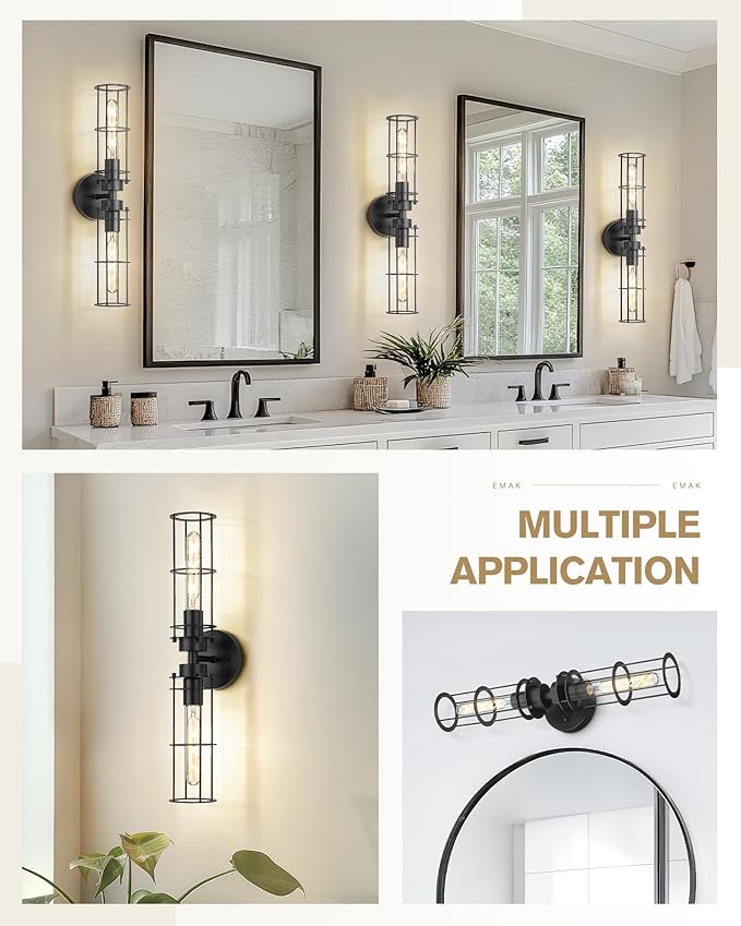 Emak 22 Inch Black Bathroom Light Fixtures Over Mirror, Modern Industrial 2 Light Vanity Light with Metal Shade, Farmhouse Cylinder Wall Sconces for Bathroom, Hallway, VL085-BK-MT-2