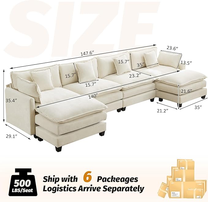 147'' Sectional Cloud Deep Seat Couch, Oversized Chenille U Shaped Sectional Sofa for Living Room Set, Comfy Upholstered Modular Sectional Sofa Couch with 2 Movable Ottoman, Beige