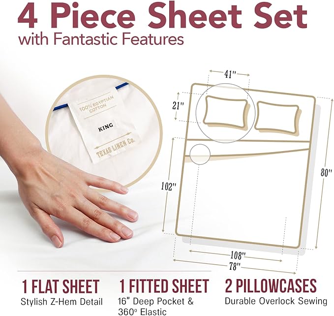 TEXAS LINEN CO. 800 TC Egyptian Cotton Sheets - 4 Piece Ivory King Size Cooling Sheet for Hot Sleepers, Luxury Egyptian Cotton Bed Sheet Set, Sateen Hotel Sheets, Fits Mattress Upto 18'' DEEP Pocket