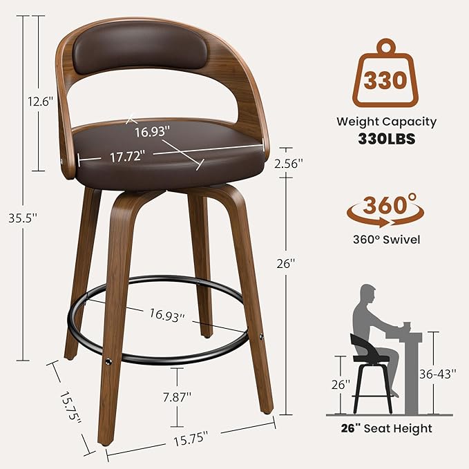 Swivel Bar Stools Set of 1, 26" Counter Height Bentwood Barstool, Mid-Century Modern PU Leather Upholstered Bar Chair with Back and Footrest, for Kitchen Island, Bar, Cafe, Dining Room, Brown