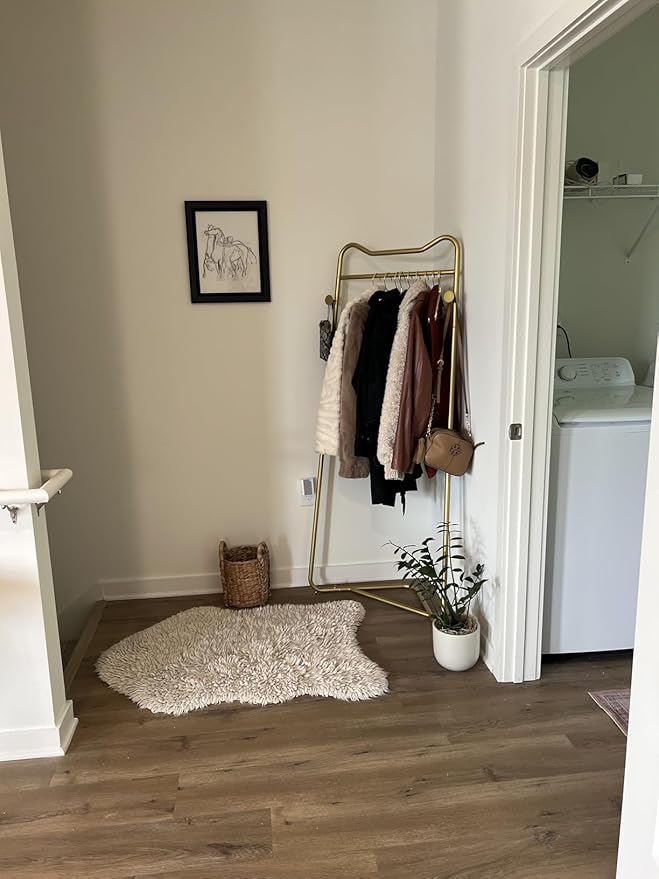 Gold Metal Corner Coat Rack, Modern Clothing Rack Hall Tree with 2 Hooks for Clothes Hat Scarf, Freestanding Clothes Rack for Hallway Entryway, Bedroom, Living Room