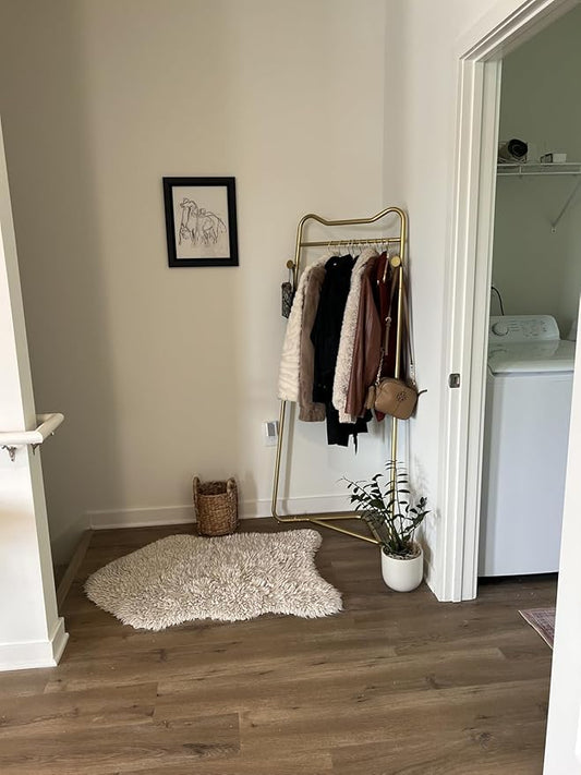 Gold Metal Corner Coat Rack, Modern Clothing Rack Hall Tree with 2 Hooks for Clothes Hat Scarf, Freestanding Clothes Rack for Hallway Entryway, Bedroom, Living Room