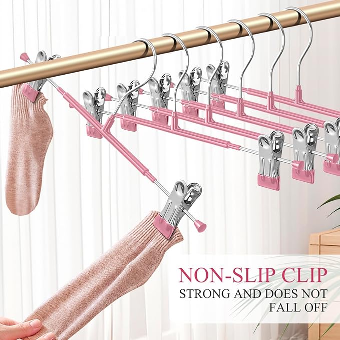 Pants Hangers with Clips 20 Pack Adjustable Skirt Hangers for Women Non-Slip Trousers Hanger for Jeans Clothes Hangers for Pants Heavy Duty Space Saving Shorts Hangers,Pink,14Inch