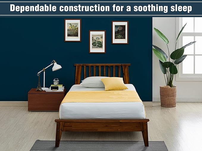 A ACACIA FURNITURE Kaylin Wooden Bed Frame with Headboard, Solid Wood Platform Bed with Wood Slat Support, No Box Spring Needed, Twin, Chocolate, 14 Inch, V1