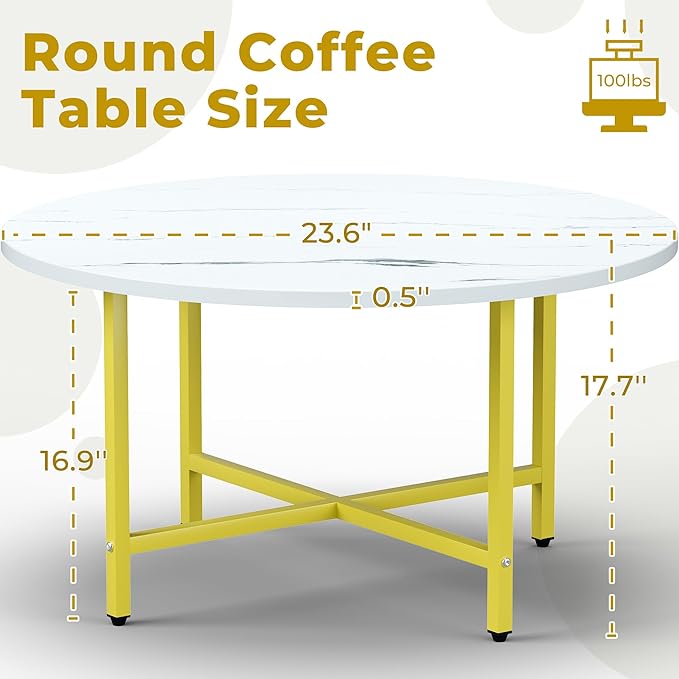 Coffee Table, 23.6" Coffee Tables for Living Room, Round Coffee Table with Metal Frame, Floor Table for Sitting on The Floor, Home, Office, White & Gold Legs