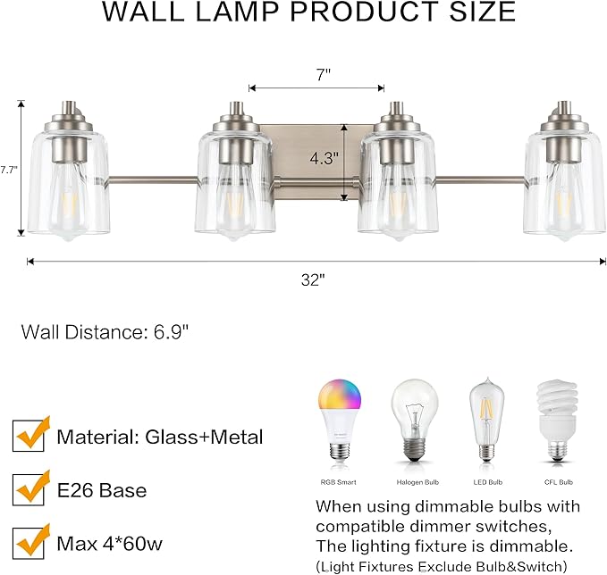 SOLFART Brushed Nickel 4-Light Vintage Vanity Light Fixtures for Bathroom, 13.4 x 7.1 x 7.7 inches