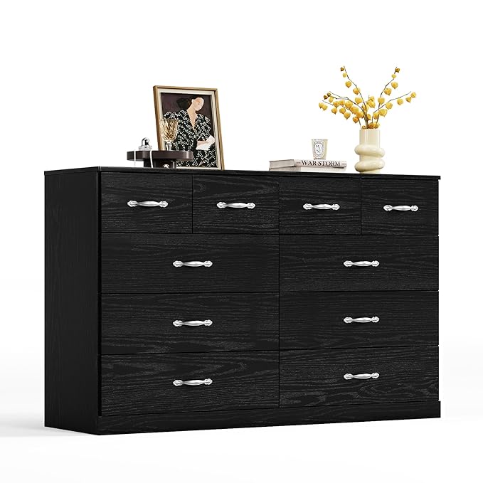 LINSY HOME 10 Drawer Dresser for Bedroom, 54" Wide Chest of Drawers, Modern TV Stand Dressers with Wood Frame and Metal Handles, Large Drawer Organizer for Bedroom, Living Room, Black