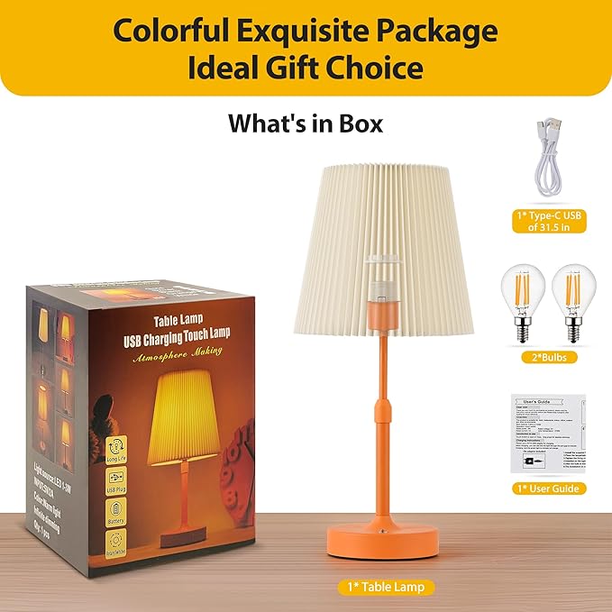 Cordless Table Lamp, 2700K Stepless Dimmable Wireless Touch Lamp with 2 Bulbs, 5200mAh Rechargeable Battery Operated Lamps for Living Room, Kitchen, Bedside, Dining Room, Bar(Orange)