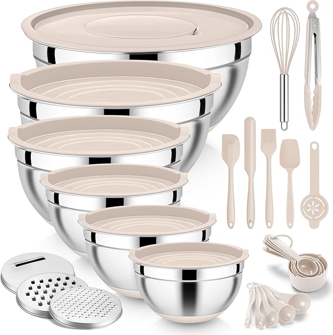 E-far 25PCS Mixing Bowls with Lid Set, Stainless Steel Nesting Prep Bowls with Grater Attachments Non-Slip Bottoms for Cooking, Serving, Food Storage, 4.6/2.6/2/1.5/1/0.7QT - Khaki