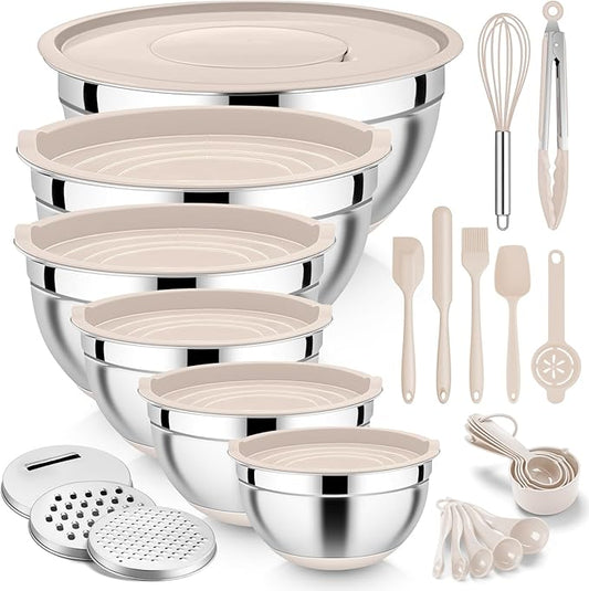E-far 25PCS Mixing Bowls with Lid Set, Stainless Steel Nesting Prep Bowls with Grater Attachments Non-Slip Bottoms for Cooking, Serving, Food Storage, 4.6/2.6/2/1.5/1/0.7QT - Khaki