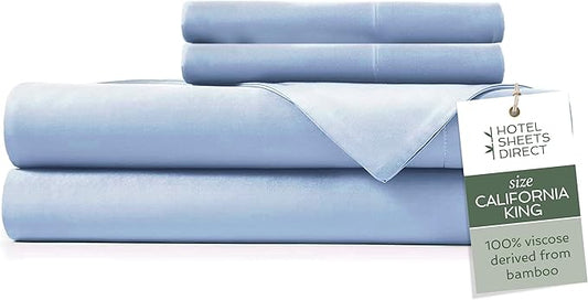 Hotel Sheets Direct 4 Piece Bed Sheet Set California King Size, 100% Viscose Derived from Bamboo Sheets Set with 2 Pillowcases, Cooling & Breathable Luxury Bedding, Moisture-Wicking, Light Blue