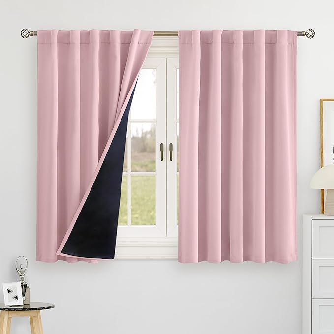 BGment Pink 100% Blackout 48 Inch Curtains for Small Window, Rod Pocket and Back Tab Double Layer Black Out Thermal Insulated Room Darkening Curtain for Kitchen, 2 Panels, Each 42 x 48 Inch