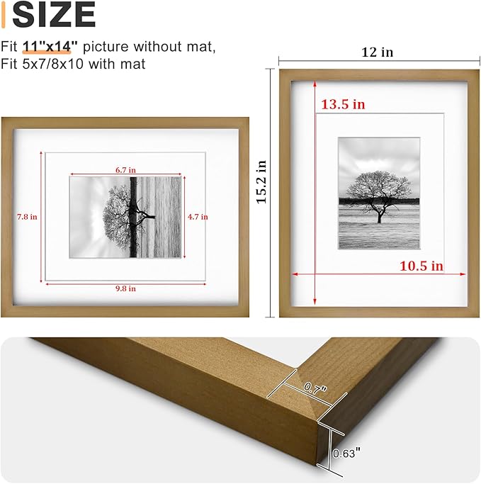 Egofine 11x14 Picture Frame Made of Solid Wood with Plexiglass, Display Pictures 5x7/8x10 with Mat or 11x14 Without Mat, for Table Top and Wall Mounting Photo Frame, Light Brown