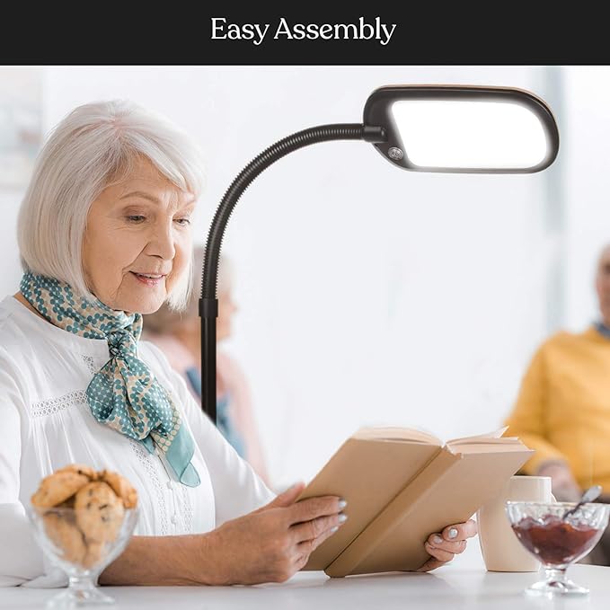 Brightech Litespan Slim LED Floor Lamp - Modern Reading Light Over Chair for Living Rooms & Offices, Tall With Adjustable Gooseneck, Crafts Work Light, Dimmable Standing for Bedroom - Wood