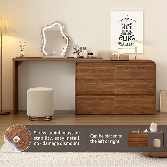 Makeup Vanity Desk with Cloud HD Lighted Mirror, 50-94in Extendable Modern Vanity Table Set with Chair, 6-Drawer Storage Cabinet with Rounded Corners (Vanity1)