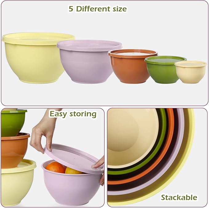 Plastic Mixing Bowls with Lids Set for Kitchen, Nesting Bowls for Mixing, Baking, Prepping, Cooking and Serving Food (5 Set-Olive green)