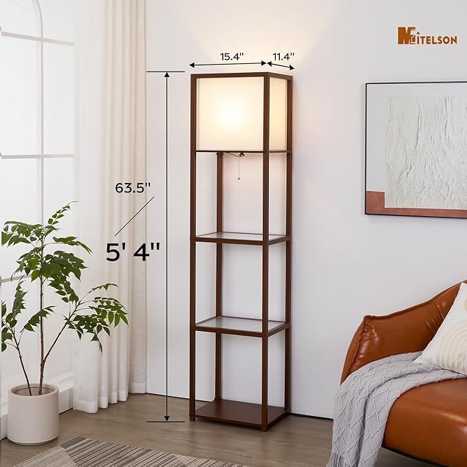 Floor Lamp with Shelves, Modern Standing Lamp with Tempered Glass, Large Display Shelf Lamp, Tall Lamps with Shelves for Living Room, Bedroom, Office, Walnut Brown