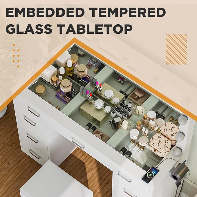 Likein Vanity Desk with Mirror and Lights, 47‘’ Glass Top Vanity with Power Strip, 9 Drawers Makeup Vanity with Lighted Mirror and Chair, 3 Lighting Modes Adjustable Brightness