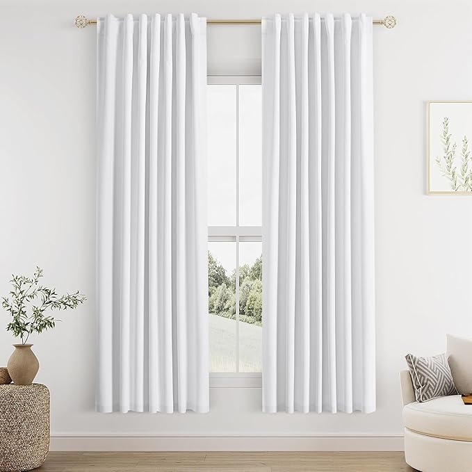 Guken White Linen Blackout Curtains 52 Inch Wide by 76 Inch for Living Room Bedroom Back Tab Thermal Insulated 100% Black Out Linen 2 Drapes Room Darkening Window Curtains White,2 Panels