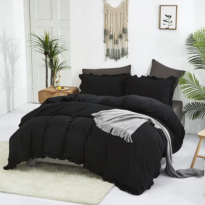 Luxlovery Black Ruffle Comforter Set Queen Farmhouse Shabby Khaki Bedding Comforter Set Full All Black Color Quilts Blankets Vintage Shabby Soft Breathable Boho Bedding Set for Queen Bed Women Men