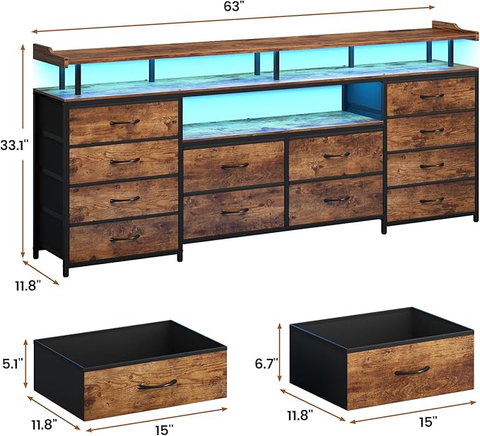 12 Drawers TV Stand Dresser for 65/70 inch TV, Entertainment Center with LED Lights & Power Outlets, 63" Large LED TV Stand, TV Console for Bedroom