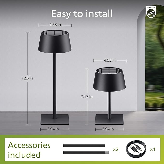 Philips Solar Outdoor Table Lamp, Portable LED Desk Light,Cordless Battery-Operated，2 Adjustable Height, Touch Control & Stepless Dimming Night Light，Waterproof for Garden, Bedroom