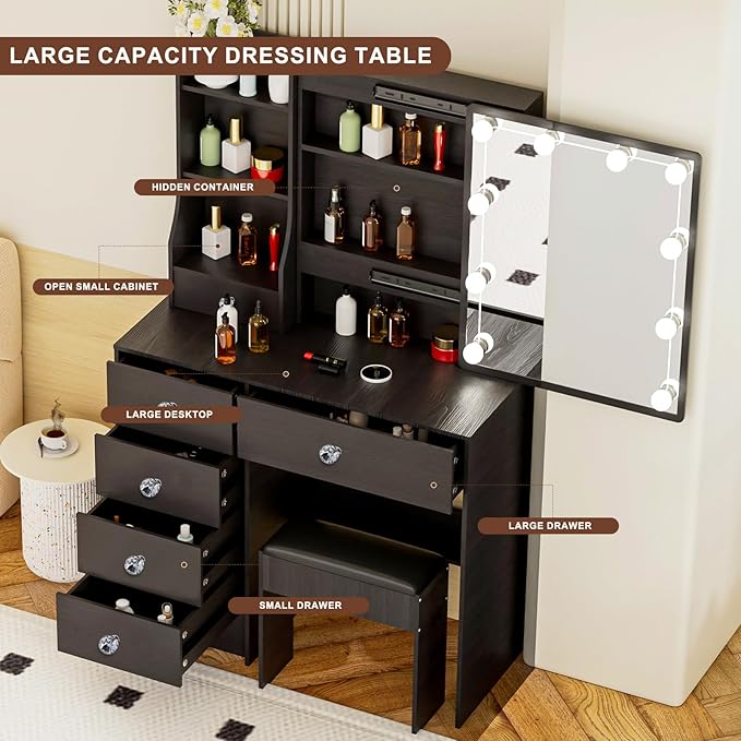 Black Vanity Desk with Sliding Mirror and Light, Small Makeup Vanity Table with 5 Drawers and Cushioned Stool for Bedroom, Makeup Vanity Set for Bedroom