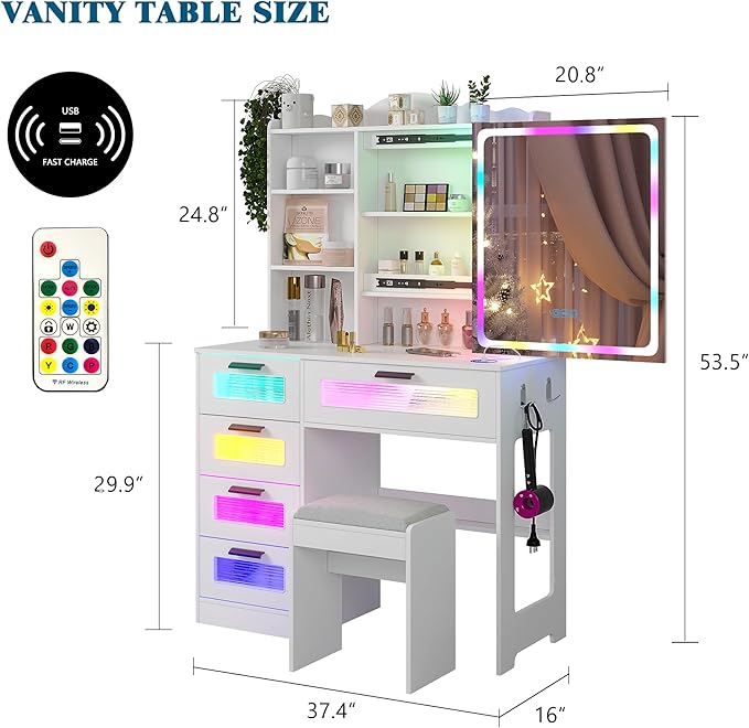 Vanity Desk with Lights and Sliding Mirror, Makeup Vanity Desk with Charging Station, Vanitys Dressing Table with Stool,LED Vanity Set with Large Drawers&Shelves for Bedroom, Decor, White