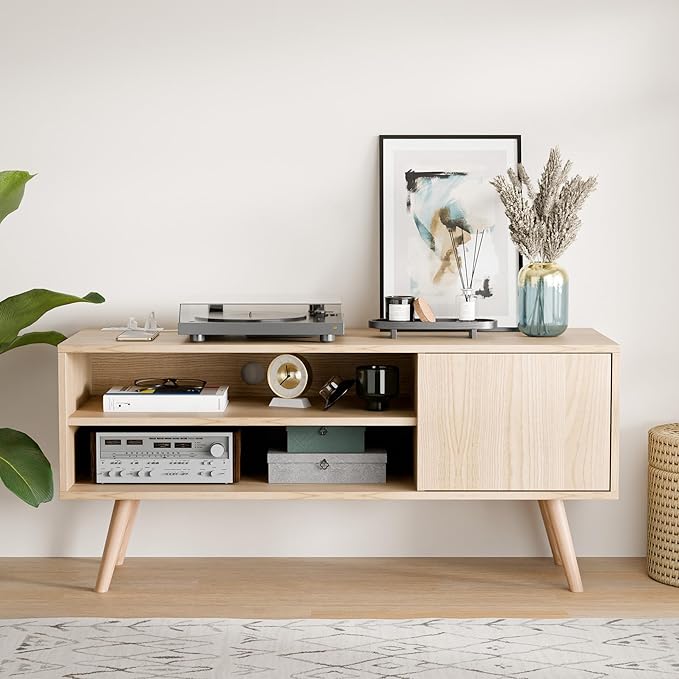 Cozy Castle TV Stand for 48 Inch TV, Mid Century Modern Entertainment Center with Storage Cabinet, TV Media Console with Charging Station for Living Room, Bedroom, Oak