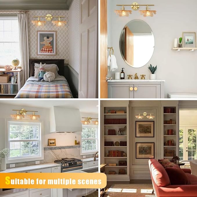 Bathroom Light fixtures Vintage Wall Sconce 2 Light Bathroom Vanity Light Gold Wall Sconce Lights Amber Glass Art Deco Vanity Lights Over Mirror for Bedroom Hallway Living Room