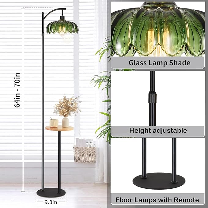 Arc Floor Lamp with Table and Shelves,Black Floor Lamp for Bedroom Glass Floor Lamps with Remote Control & 3 Color Temperature,Modern Standing Lamp Tall Flower Floor Lamps for Living Room Corner