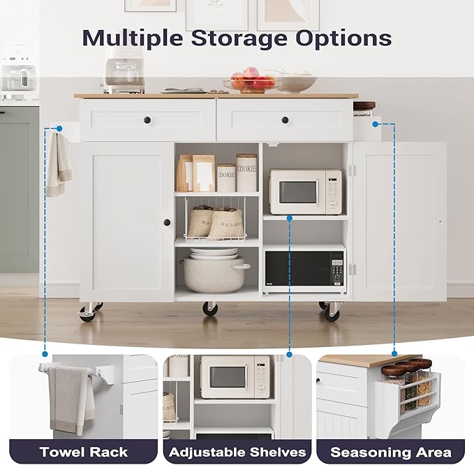 Kitchen Island On Wheels, Rolling Kitchen Island Cart with Drop Leaf and 2 Drawers, Mobile Kitchen Table Storage Cabinet with Tower Rack and Spice Rack for Dining Room, Kitchen, White